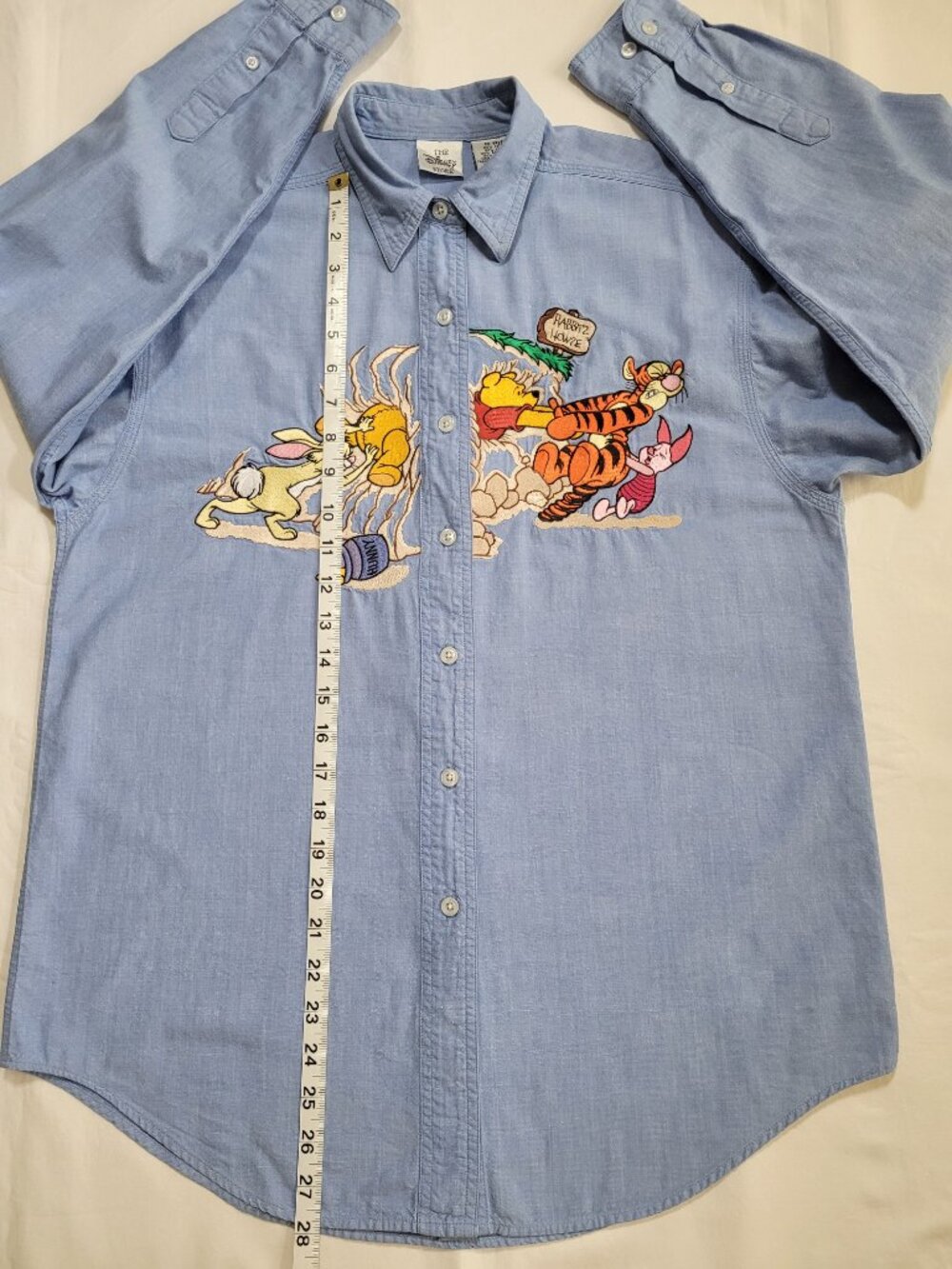 Vintage 90s Disney Store Winnie the Pooh Embroidered Denim Shirt Blue Button Up - Picture 7 of 9